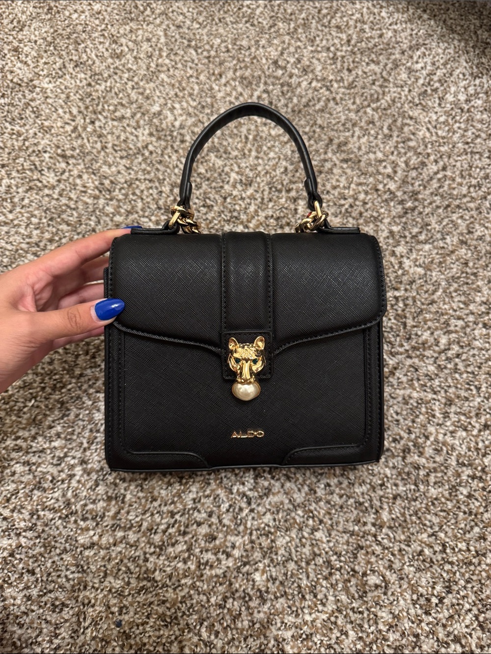 Aldo Black Mini Top-Handle Satchel with Gold Tiger Clasp